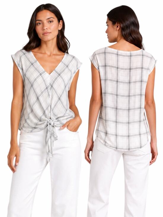 Max Studio Tops - Max Studio Sleeveless Plaid Tie Hem Top V Neck White Blue Size S